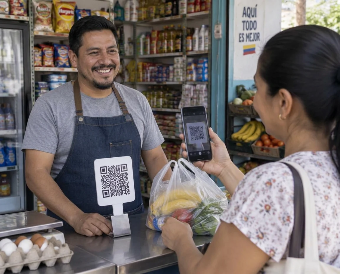 Tendero atendiendo una compra mientras una clienta escanea el código QR colocado sobre el mostrador, junto a huevos blancos y marrones