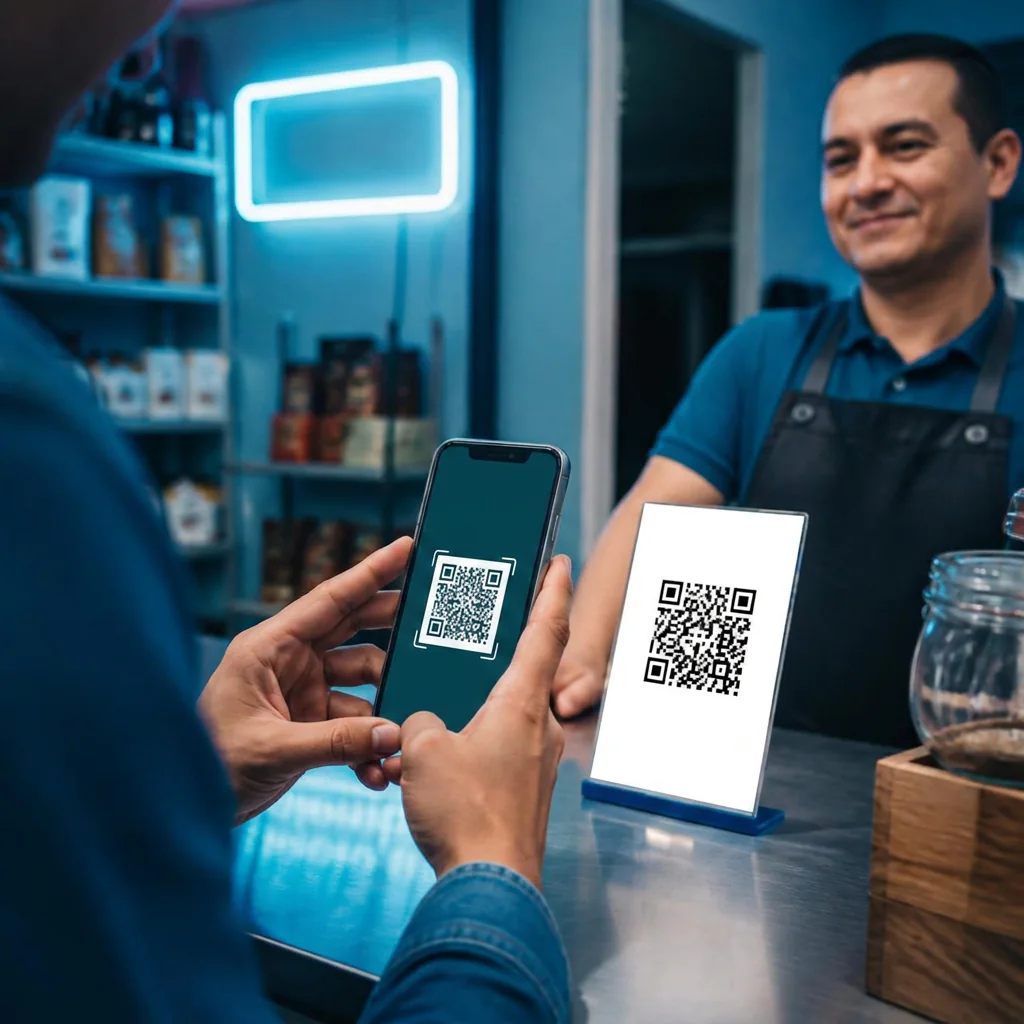 Cliente escaneando con su celular el código QR de un comercio para pagar en la tienda