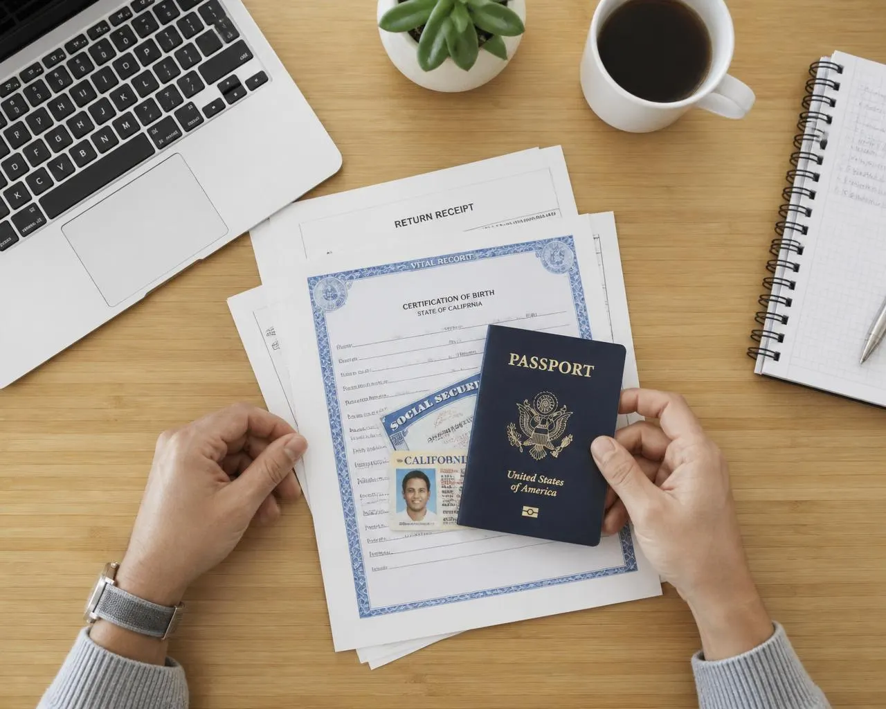Pasaporte y documentos sobre un escritorio
